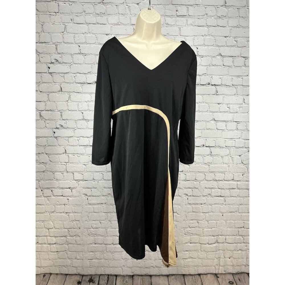 VTG Lolette Black Brown Beige Striped V Neck Pullover 3/4 Sleeve Shift Dress XL
